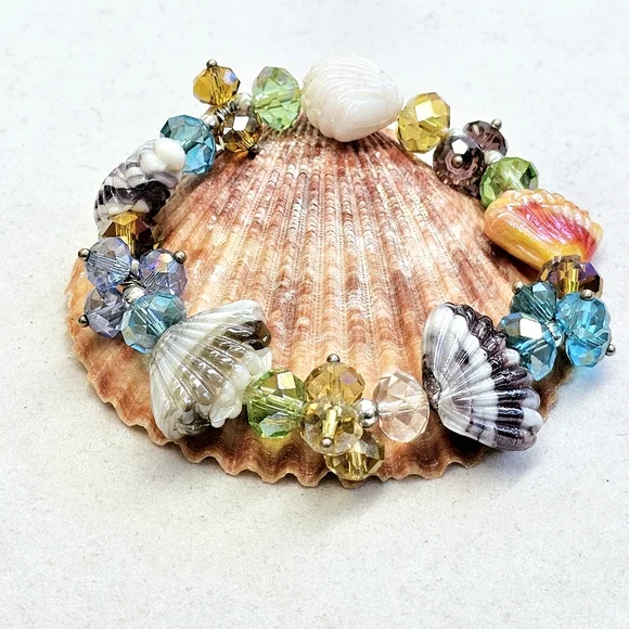 Glass Bead Seashell Bracelet Stretchy - Picture 2 of 15
